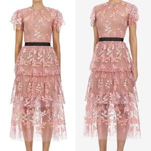 Self Portrait Flower Mesh Tiered Midi Dress US 8